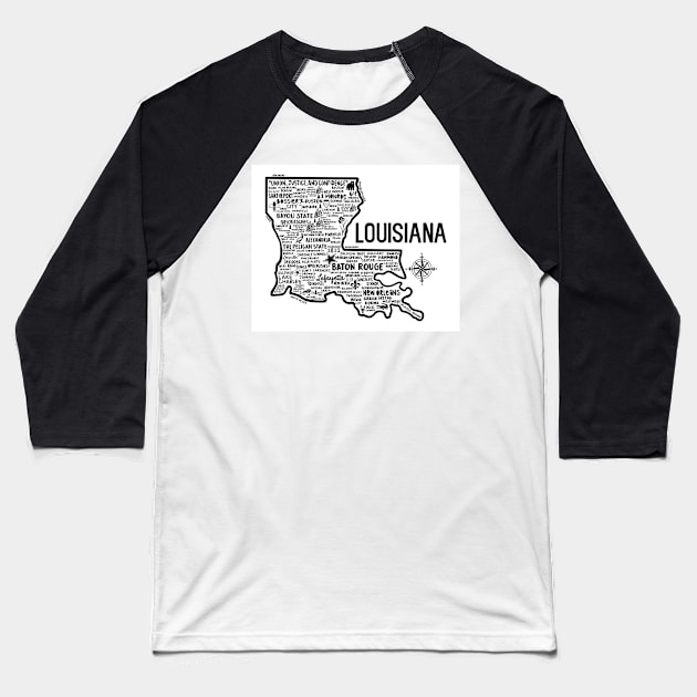 Louisiana Map Baseball T-Shirt by fiberandgloss